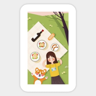 Outdoor Relax Girl And Cat Sticker